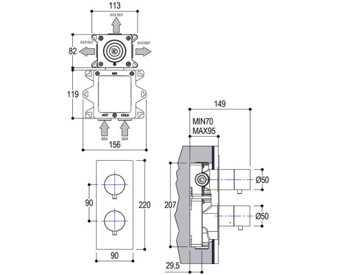 Ritmonio Diametro35 S Смеситель для душа, встраиваемый, термостатический, на 2-3 источника, внешняя часть, цвет: Brushed Black Chrome. PR47HG101BLX