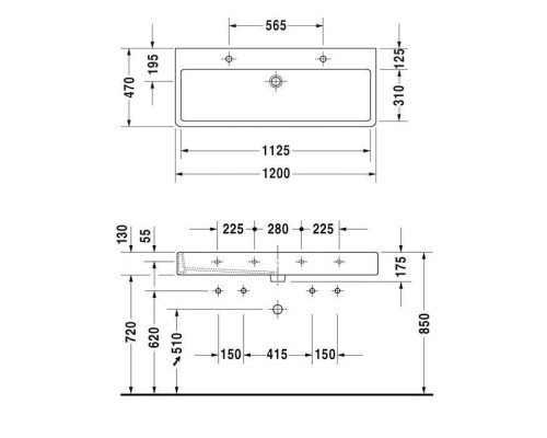 Duravit Vero Раковина 120х47 см, 2 отв., с переливом, цвет: белый. 0454120024