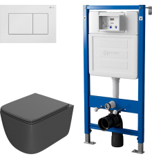 Комплект Унитаз подвесной Point Меркурий PN41831GM серый матовый, безободковый, с микролифтом + Инсталляция PN45122 с контейнером для гигиенических таблеток + Кнопка Ника PN44081W белая матовая