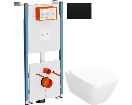 Комплект Унитаз подвесной Geberit Smyle Square 500.685.01.1 + Инсталляция VitrA V-Fix Core 732-5800-01PV + Кнопка Root Round 740-2211 черная матовая