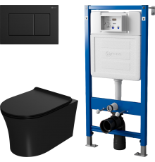 Комплект Унитаз подвесной Point Вега PN41711BM черный матовый, безободковый, с микролифтом + Инсталляция PN45122 с контейнером для гигиенических таблеток + Кнопка Ника PN44081BM черная матовая