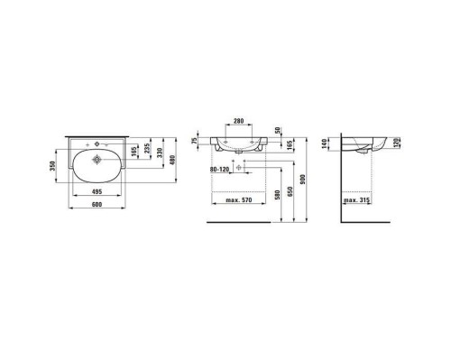 Laufen New Classic Раковина накладная 60х48х7.5см, с 3 отв., с переливом, цвет: белый. 8.1385.3.000.108.1 Laufen New Classic Раковина накладная 60х48х7.5см, с 3 отв., с переливом, цвет: белый. 8.1385.3.000.108.1