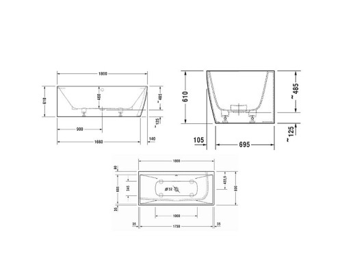 Duravit DuraSquare Ванна 180x80см,  угол левый, с панелью и ножками.с 2 наклонами для спины, цвет: белый. 700427000000000,  792208000001000