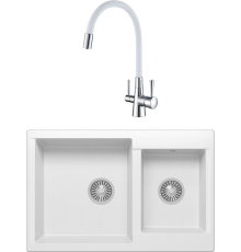 Комплект Мойка кухонная Polygran Brig 772 белый хлопок + Смеситель Lemark Comfort LM3075C-White с гибким изливом, хром, белый