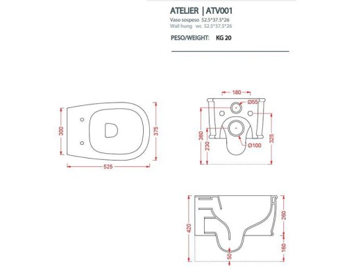 Artceram Atelier Унитаз подвесной, 52х37см, безободковый, с крепежом, цвет: белый матовый. ATV001 05 00 Artceram Atelier Унитаз подвесной, 52х37см, безободковый, с крепежом, цвет: белый матовый. ATV001 05 00