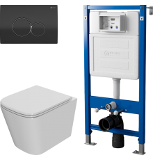 Комплект Унитаз подвесной Point Ника PN41081 белый глянцевый, безободковый, с микролифтом + Инсталляция PN45122 с контейнером для гигиенических таблеток + Кнопка Виктория PN44061BC черная, хром