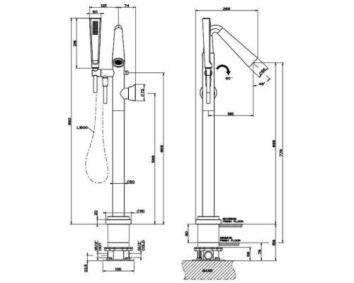 Gessi Cono Смеситель для ванны, напольный, с ручным душем и шлангом 1500 мм, внешняя часть, цвет: хром. 45028#031