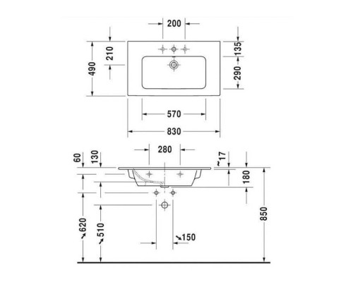 Duravit Me by Starck Раковина 83х49см., 1 отв., подвесная/накладная, цвет: белый. 2336830000