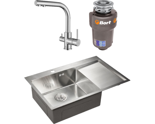 Комплект Мойка кухонная Paulmark Kroner PM217851-BSL брашированная нержавеющая сталь L + Смеситель Essen 213011-СR хром + Измельчитель Bort Titan Max Power FullControl