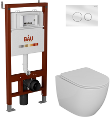 Комплект Унитаз подвесной Bauedge Bau Dream безободковый, с микролифтом + Инсталляция Bau Pro + Кнопка Dream, белая