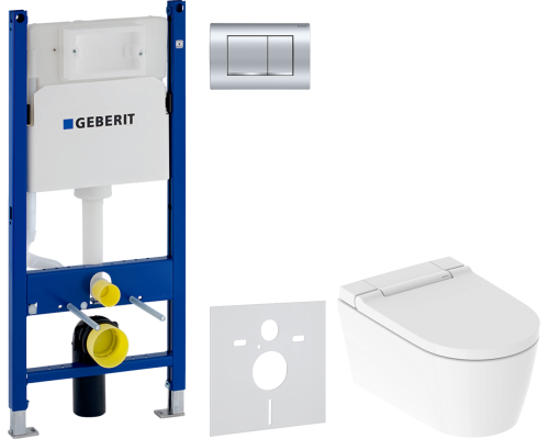 Комплект Унитаз подвесной Geberit AquaClean Sela 146.224.11.1 альпийский белый + Инсталляция Duofix Delta 458.163.21.1 с кнопкой смыва, хром + Шумоизоляция 156.050.00.1