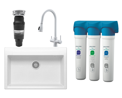 Комплект Мойка кухонная Polygran Argo 760 белый хлопок + Смеситель Paulmark Lange 214212-431 белый матовый + Измельчитель Bone Crusher BC 910-SL-Slim Line + Фильтр Paulmark Refine System