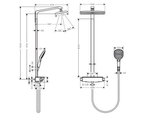 Hansgrohe Raindance Select 360 Showerpipe Душевая система, с верхним душем 36х19см, термостатический смеситель , с ручным душем, цвет: хром. 27112000 Hansgrohe Raindance Select 360 Showerpipe Душевая система, с верхним душем 36х19см, термостатический смеситель , с ручным душем, цвет: хром. 27112000