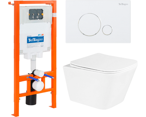 Комплект Унитаз подвесной BelBagno Due BB3103CHR/SC безободковый, с микролифтом, инсталляция BB002-80 с кнопкой BB014-SR-BIANCO