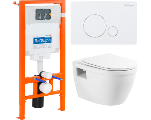 Комплект Унитаз подвесной BelBagno Loto BB070CHR/SC безободковый, с микролифтом, инсталляция BB002-80 с кнопкой BB014-SR-BIANCO