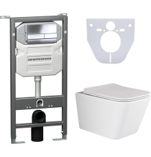 Комплект Унитаз подвесной Ceramicanova Metric CN3007 безободковый, с микролифтом + Инсталляция Envision CN1002CH + Кнопка Flat, хром