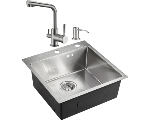 Комплект Мойка кухонная Domaci Равенна PVD DMB-117A брашированная сталь + Смеситель DC-3003 сатин + Дозатор 401 сатин