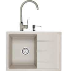 Комплект Мойка кухонная Domaci Солерно DMQ-1700.Q барит, серая, 38х46, кварцевая, с крылом, встраиваемая + Смеситель DC-3004 барит + Дозатор 401 барит