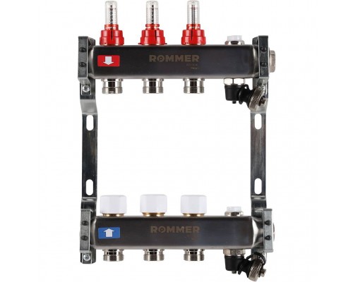 Коллектор из нержавеющей стали с расходомерами ROMMER, с клапаном вып. воздуха и сливом 3 выхода (RMS-1201-000003)