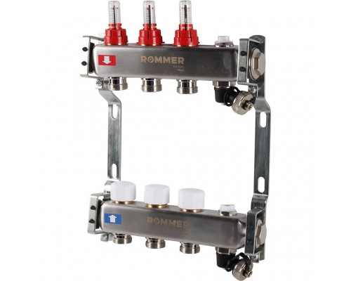 Коллектор из нержавеющей стали с расходомерами ROMMER, с клапаном вып. воздуха и сливом 3 выхода (RMS-1201-000003)