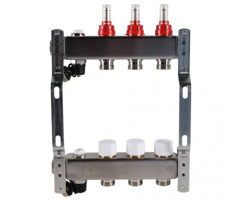 Коллектор из нержавеющей стали с расходомерами ROMMER, с клапаном вып. воздуха и сливом 3 выхода (RMS-1201-000003)