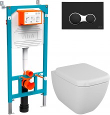 Комплект Унитаз подвесной VitrA Shift 7742B003-0075 белый глянцевый + Крышка 91-003-009 с микролифтом, петли хром + Инсталляция 800-2011 с кнопкой смыва, черной