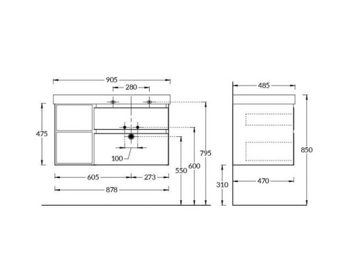 Kerama Marazzi Cubo Тумба подвесная 90см, правая, цвет: белый матовый / орех. CUB.90.2Rh\WHTM.N