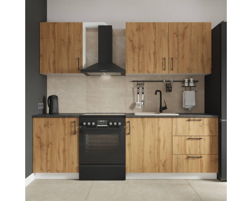 Кухонный гарнитур Domaci Болонья 240 см, фасад дуб вотан, ручка черная, столешница луна KUH-708362