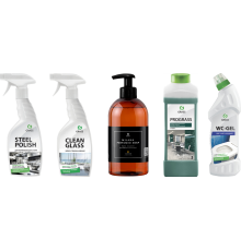 Набор Grass Очиститель для стекол Clean Glass 600 мл + Средство Prograss 1 л + Средство WC-Gel 750 мл + Средство Steel Polish 600 мл + Жидкое мыло Milana Oud Rood, 300 мл