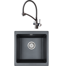 Комплект Мойка кухонная Paulmark Brilon PM104546-BLM черный металлик + Смеситель Potato P4077 P4077-19 графитно-черный