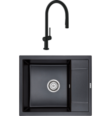 Комплект Мойка кухонная Paulmark Flugen 50-600 PM216050-BLM черный металлик + Смеситель Hansgrohe Talis M54 72800670 матовый черный