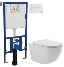 Комплект Унитаз подвесной Aqueduto Ovo OVO0110 безободковый, с микролифтом, белый глянцевый + Инсталляция DIWO 4501 + Кнопка 7320 белая