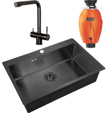Комплект Мойка кухонная Zorg Inox PVD 7551 grafit + Смеситель Inox SZR-7039 GRAFIT графит + Измельчитель Omoikiri Nagare 1000