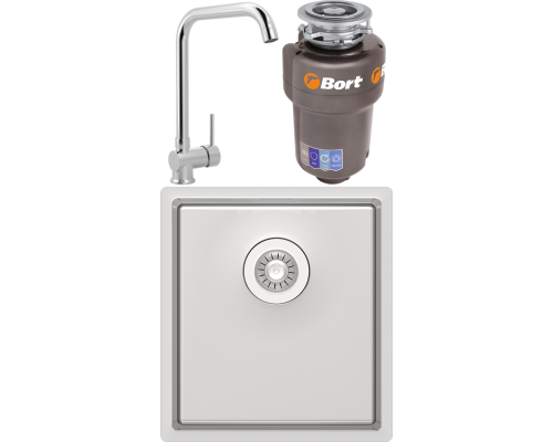 Комплект Мойка кухонная Florentina Оптима OHM.400.400 + Смеситель MEGA Didim MG-CM107 хром + Измельчитель Bort Titan Max Power