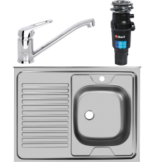 Комплект Мойка кухонная Ukinox Стандарт STD800.600 ---5C 0RS + Смеситель Domaci Равенна D11-000cr + Измельчитель Bort Titan 7000
