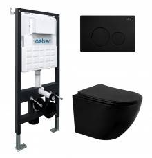 Комплект Abber Bequem AC1100MB-AC0105-AC0121MB, Унитаз подвесной безободковый, с микролифтом + Система инсталляции + Кнопка смыва черная матовая