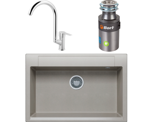 Комплект Мойка кухонная Polygran Argo 760 серая + Смеситель MEGA Snow MG-SH03 хром + Измельчитель Bort Titan 4000 Plus