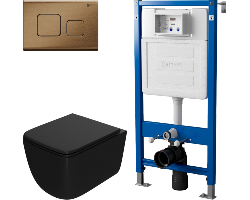 Комплект Унитаз подвесной Point Меркурий PN41831BM черный матовый, безободковый, с микролифтом + Инсталляция PN45122 с контейнером для гигиенических таблеток + Кнопка Афина PN44041BB бронза брашированная