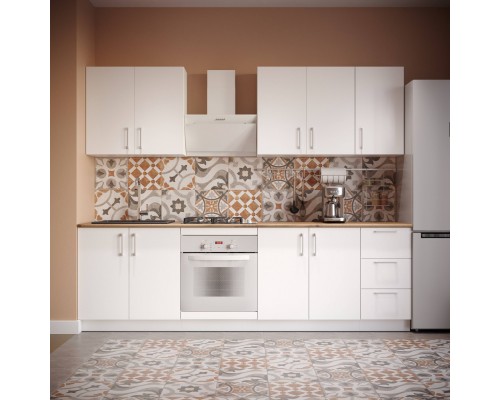 Кухонный гарнитур Domaci Болонья 260 см, фасад белый, ручка хром, столешница дуб вотан KUH-1008791