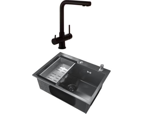 Комплект Мойка кухонная Ulgran 60х45, черная брашированная сталь + Смеситель Veragio Milano 30636 черный матовый