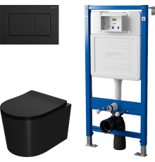 Комплект Унитаз подвесной Point Веста PN41701BM черный матовый, безободковый, с микролифтом + Инсталляция PN45122 с контейнером для гигиенических таблеток + Кнопка Ника PN44081BM черная матовая