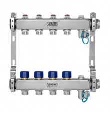 Коллекторная группа из нержавеющей стали с запорно-балансировочными клапанами и термостатическими клапанами, воздухоотводчиками и дренажными кранами, подключение 1”, размер отвода 3/4 E, 6 выходов, HH232А