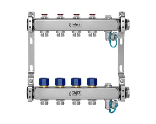 Коллекторная группа из нержавеющей стали с запорно-балансировочными клапанами и термостатическими клапанами, воздухоотводчиками и дренажными кранами, подключение 1”, размер отвода 3/4 E, 6 выходов, HH232А
