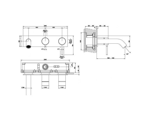 Gessi Bath316 Встраиваемый смеситель на 2 выхода, с изливом и переключателем, внешняя часть, цвет: шлифованная сталь. 54136#239