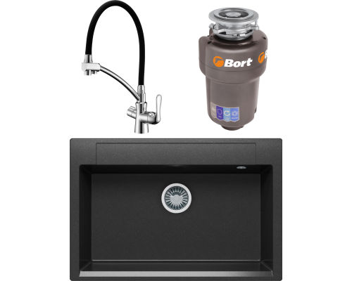 Комплект Мойка кухонная Polygran Argo 760 черная + Смеситель Lemark Comfort LM3070C с гибким изливом, хром, черный + Измельчитель Bort Titan 5000