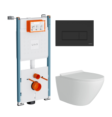 Комплект Унитаз подвесной Teymi Lina Pro T40106 с микрофлитом, безободковый, белый + Инсталляция VitrA V-Fix Core 732-5800-01PV + Кнопка Root Square 740-2311 черная матовая