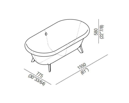 Agape Ottocento Small Ванна отдельностоящая 155x77.5x58 см, слив-перелив нержавеющая сталь, цвет: светло-серый. AVAS0967ZGBR