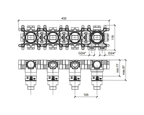 Almar Modular Встраиваемая часть термостатического смесителя на 3 потребителя, горизонтальный модуль, цвет: черный матовый. E176909
