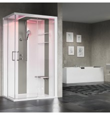 Novellini Skill A Душевая кабина 120х80х217.5cмм., Dx, Essential, поддон 12.5см., с термостатическим смесителем, стекло, цвет: белый глянц/Light grey. SKIA129DT1F-1AN1