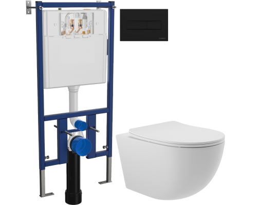 Комплект Унитаз подвесной Aqueduto Ovo OVO0120 безободковый, с микролифтом, белый матовый + Инсталляция DIWO + Кнопка 7323 черная матовая